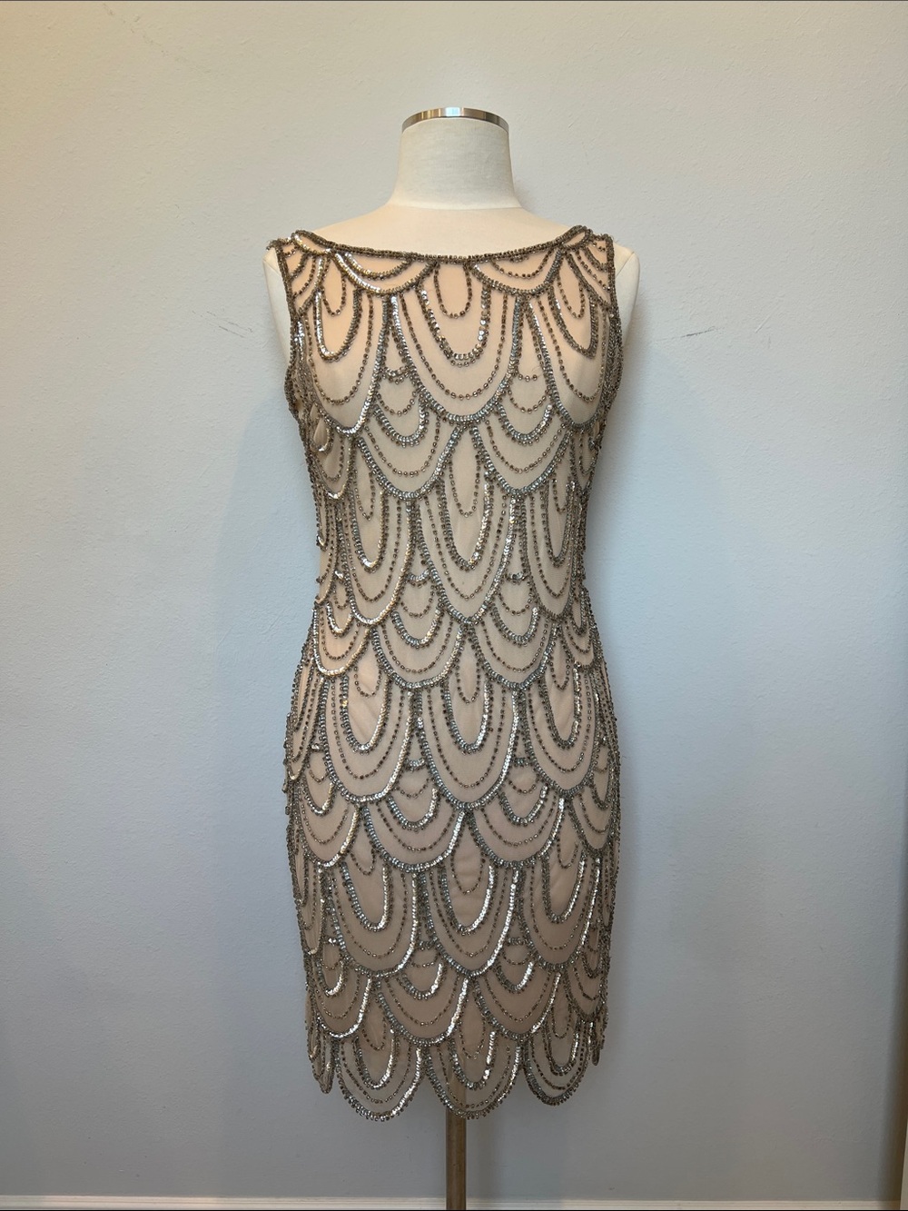 Pisarro Nights Nude Sheath Dress with Silver Beaded Scallops